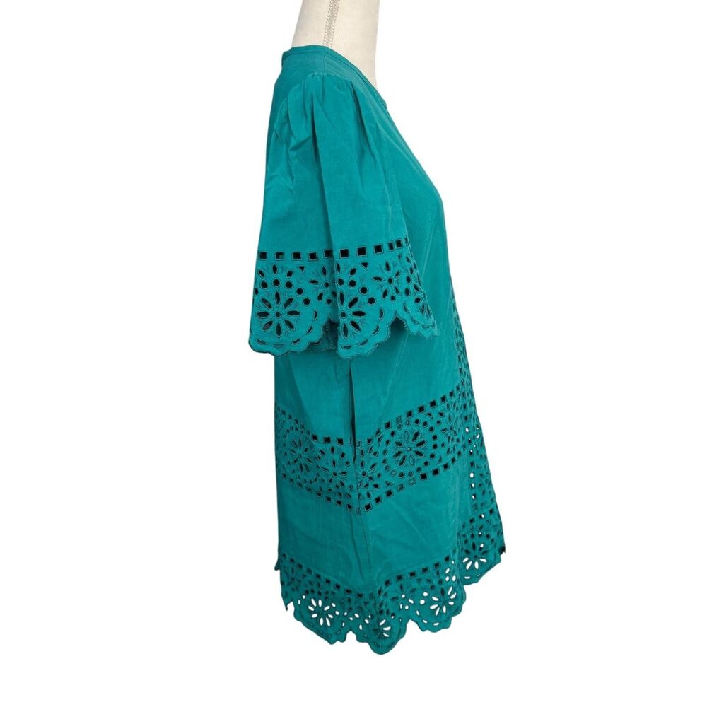 Rebecca Taylor Dress Womens 2 Teal Deco Eyelet Shift Flutter Embroidered Pockets - Picture 4 of 11
